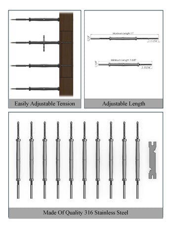 Swage Turnbuckle Stainless Steel Cable Tensioners for 1/8” and 3/16” Cable and Fixed End (pack of 10)